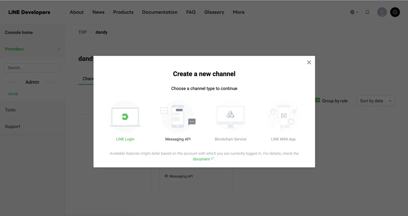 Create a new channel 視窗：四種類型中選擇 LINE Login